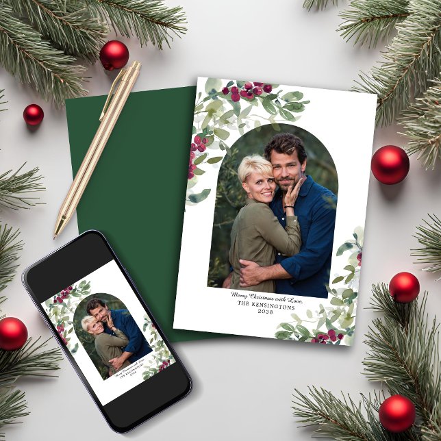 Elegant Greenery Berries Arch Christmas Photo Holiday Card (Elegant Greenery Berries Arch Christmas Photo Holiday Card)