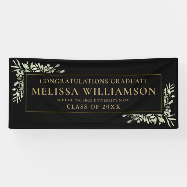 Elegant Greenery Black And Gold Graduation Banner (Horizontal)
