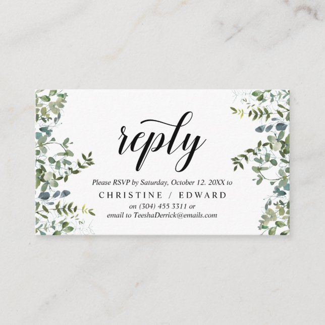 Elegant Greenery, Black, RSVP respond, Reply Enclosure Card (Front)
