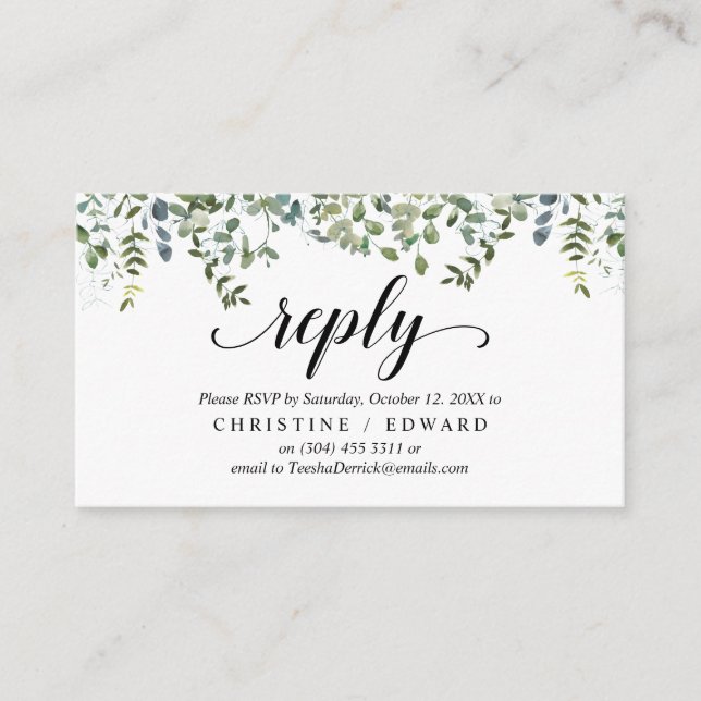 Elegant Greenery, Black, RSVP respond, Reply Enclosure Card (Front)