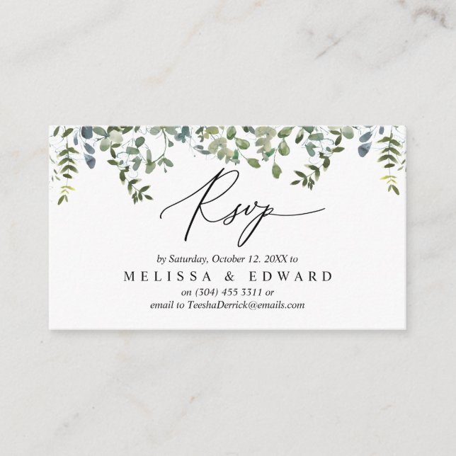 Elegant Greenery, Black Script, RSVP respond Enclosure Card (Front)