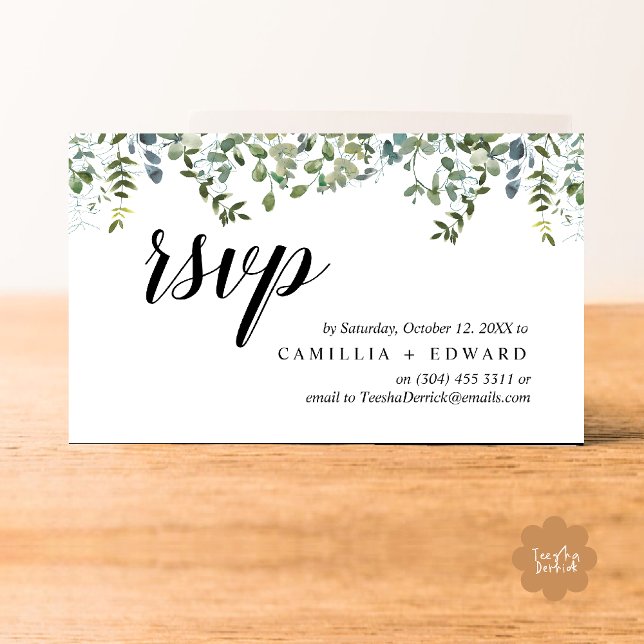 Elegant Greenery, Black Script, RSVP respond Enclosure Card (Wedding invitation RSVP via Phone or email respond reminder Enclosure Card in aesthetic Greenery)