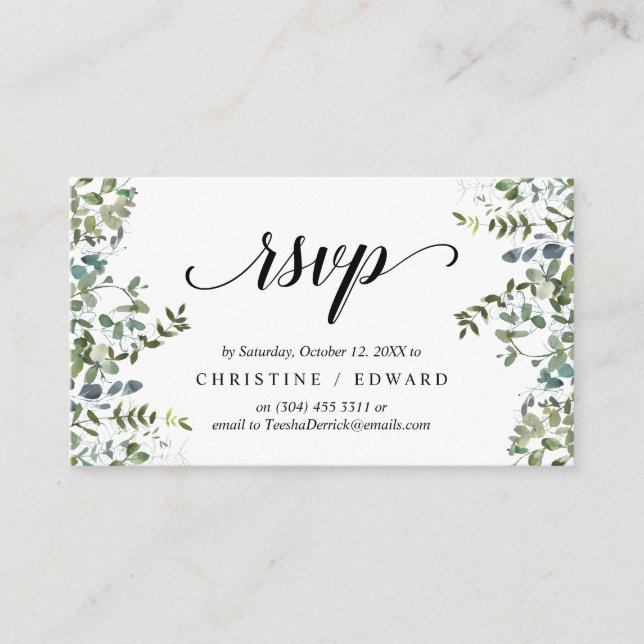 Elegant Greenery, Black Script, RSVP respond Enclosure Card (Front)