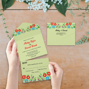 Elegant Greenery Blue Red Roses Floral Wedding All In One Invitation