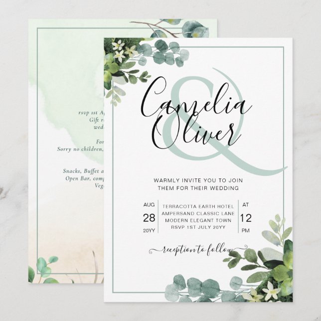 Elegant Greenery Botanical Ampersand Wedding Invit Invitation (Front/Back)