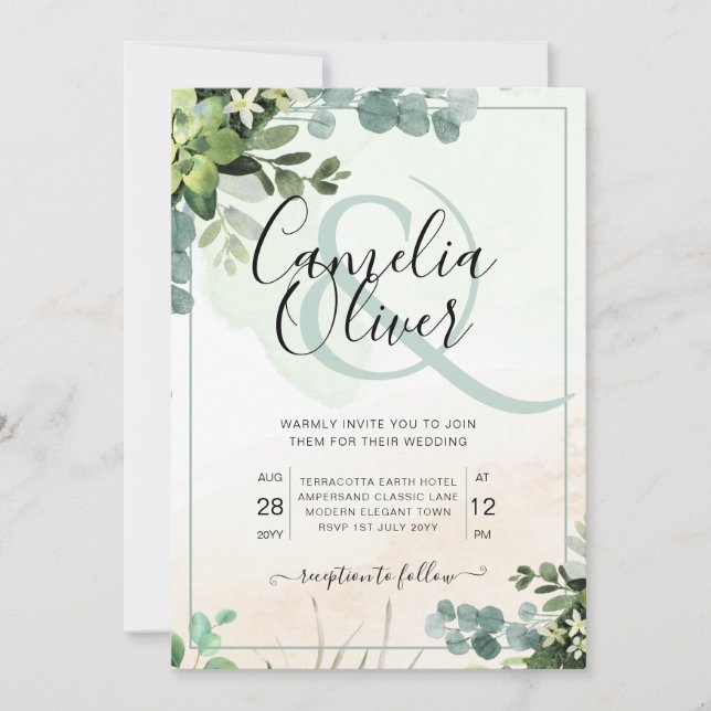 Elegant Greenery Botanical Ampersand Wedding Invit Invitation (Front)