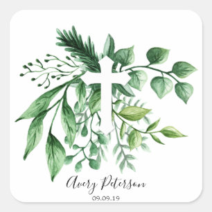 Elegant Greenery Botanical Cross Holy Communion Square Sticker