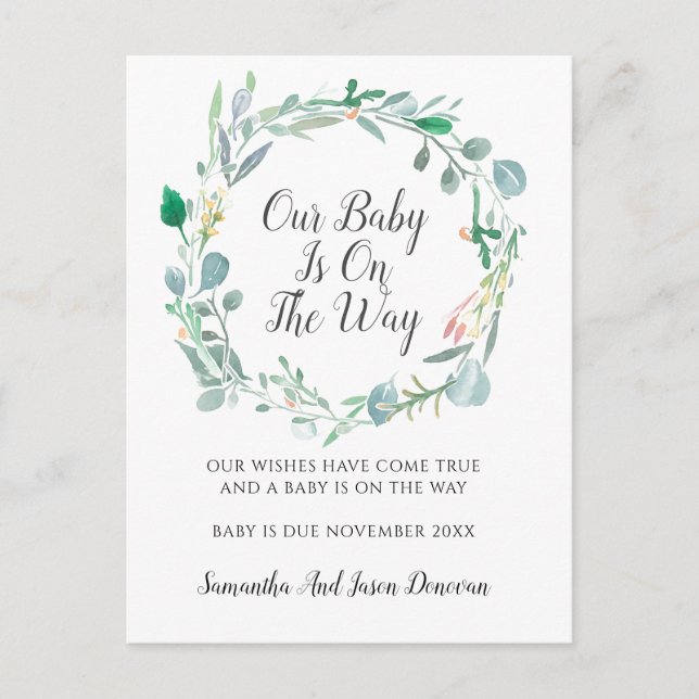 Elegant Greenery Buds Watercolor Floral Pregnancy Announcement Postcard (Front)