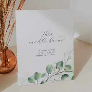 Elegant Greenery Candle Burns Wedding Memorial Pedestal Sign