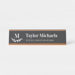Elegant Greenery Charcoal White Monogram & Name Desk Name Plate