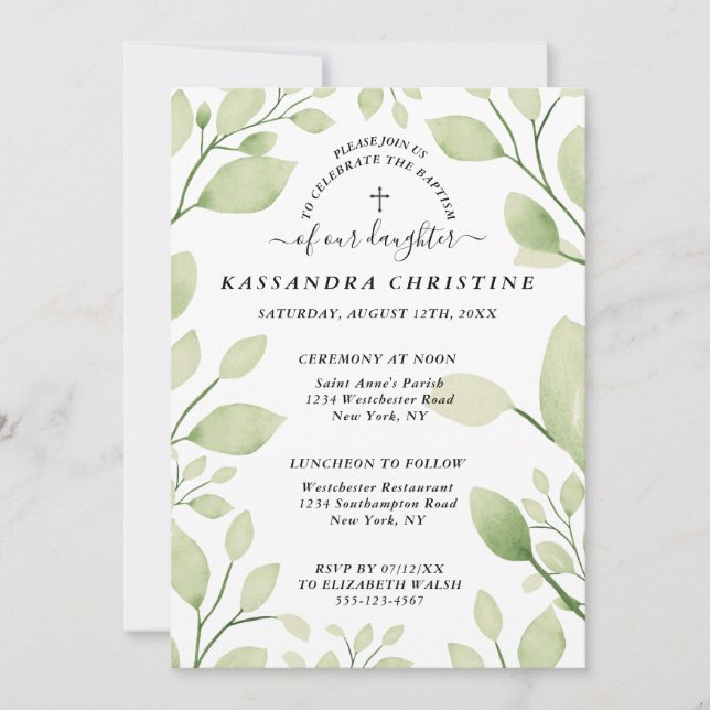 Elegant Greenery Christian Cross Invitation (Front)