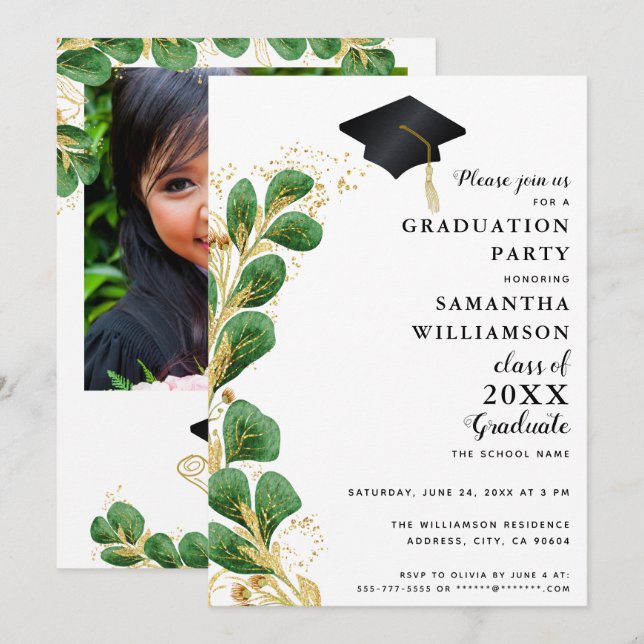 Elegant Greenery Class of 2025 Photo Graduation Invitation (Front/Back)