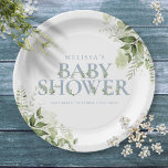 Elegant Greenery Dusty Blue Baby Shower Paper Plate<br><div class="desc">An elegant baby shower paper plate featuring chic dusty blue typography and pretty botanical greenery foliage. Designed by Thisisnotme©</div>