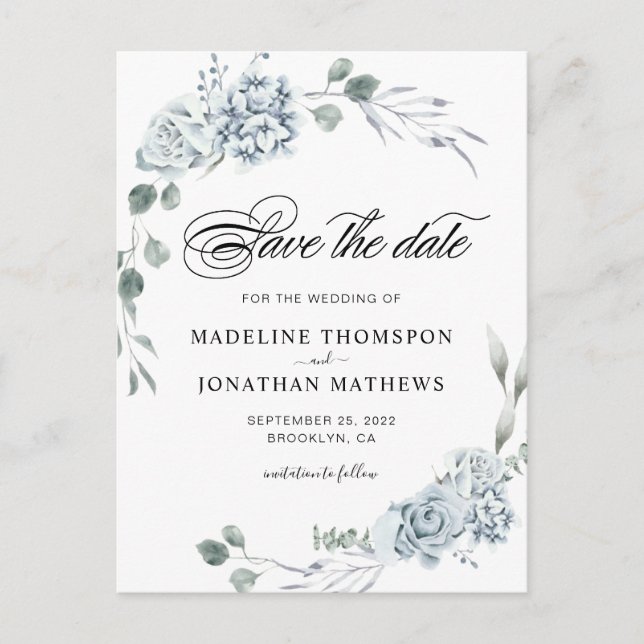Elegant Greenery Dusty Blue Floral Save the Date Announcement Postcard (Front)