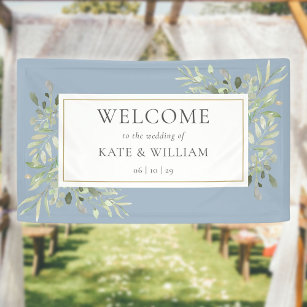 Elegant Greenery Dusty Blue Wedding Welcome Banner