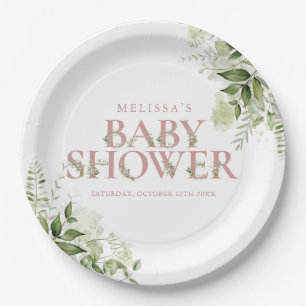 Elegant Greenery Dusty Rose Girl Baby Shower Paper Plate