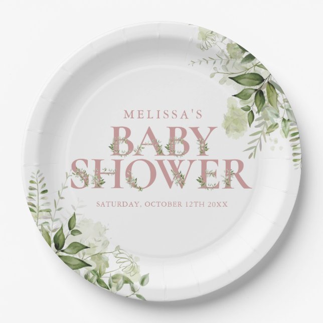 Elegant Greenery Dusty Rose Girl Baby Shower Paper Plate (Front)