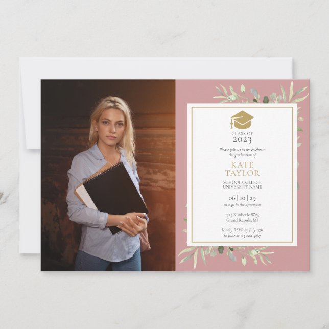 Elegant Greenery Dusty Rose Graduation Party Photo Invitation (Front)