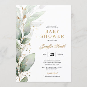 Elegant greenery eucalyptus and gold baby shower invitation