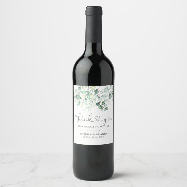 Elegant Greenery Eucalyptus Botanical Wedding Wine Label (Front)