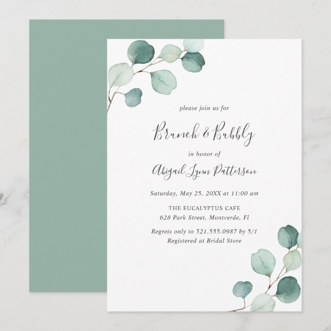 Elegant Greenery Eucalyptus Brunch and Bubbly Invitation (Front/Back)