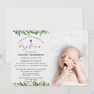 Elegant Greenery Eucalyptus Foliage Photo Baptism Invitation