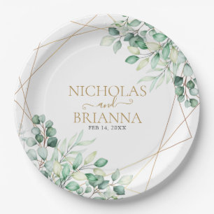 Elegant Greenery Eucalyptus Gold Geometric Wedding Paper Plate