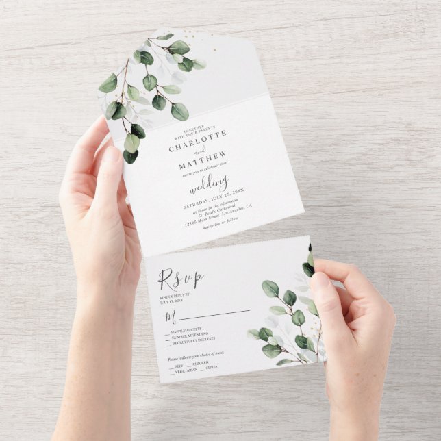 Elegant Greenery Eucalyptus Gold Wedding  All In One Invitation (Tearaway)