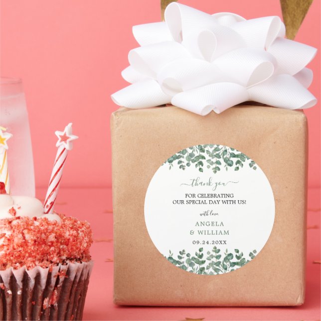 Elegant Greenery Eucalyptus Leaves Wedding Classic Round Sticker (Party)