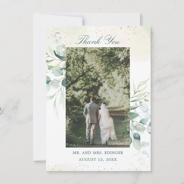 Elegant Greenery Eucalyptus Photo Wedding Thank You Card (Front)