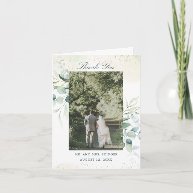 Elegant Greenery Eucalyptus Photo Wedding Thank You Card (Front)