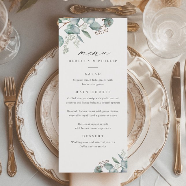 Elegant Greenery Eucalyptus Watercolor Wedding Menu (Elegant Eucalyptus Greenery Wedding Dinner Menus.)