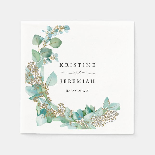 Elegant Greenery Eucalyptus Watercolor Wedding Napkin (Front)