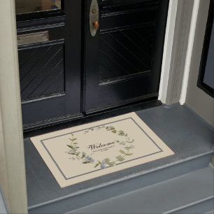 Elegant Greenery Eucalyptus Wreath Family Welcome Doormat