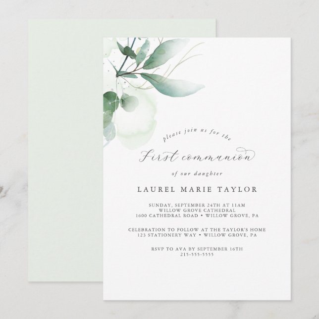 Elegant Greenery First Communion Invitation (Front/Back)