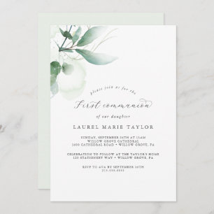 Elegant Greenery First Communion Invitation