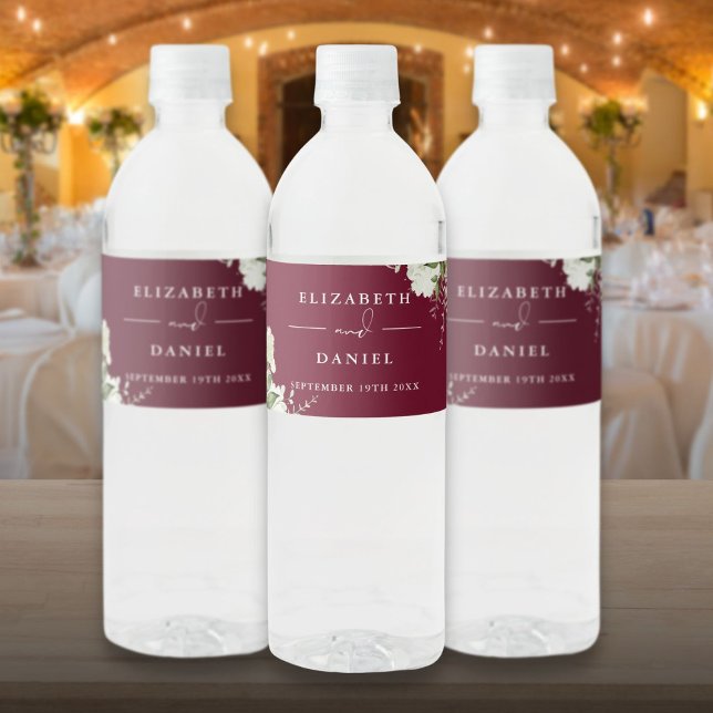 Elegant Greenery Floral Burgundy Wedding Water Bottle Label (Elegant Greenery Floral Burgundy Wedding Water Bottle Label)
