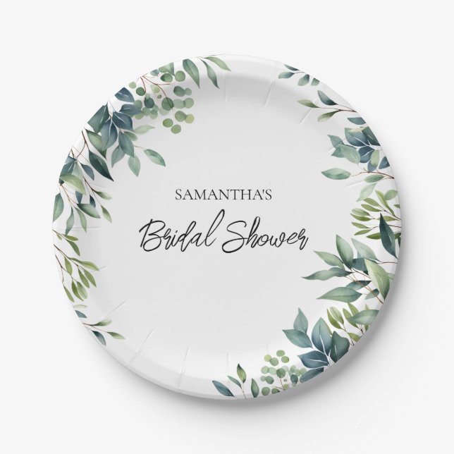 Elegant Greenery Floral Foliage Bridal Shower Paper Plate (Front)