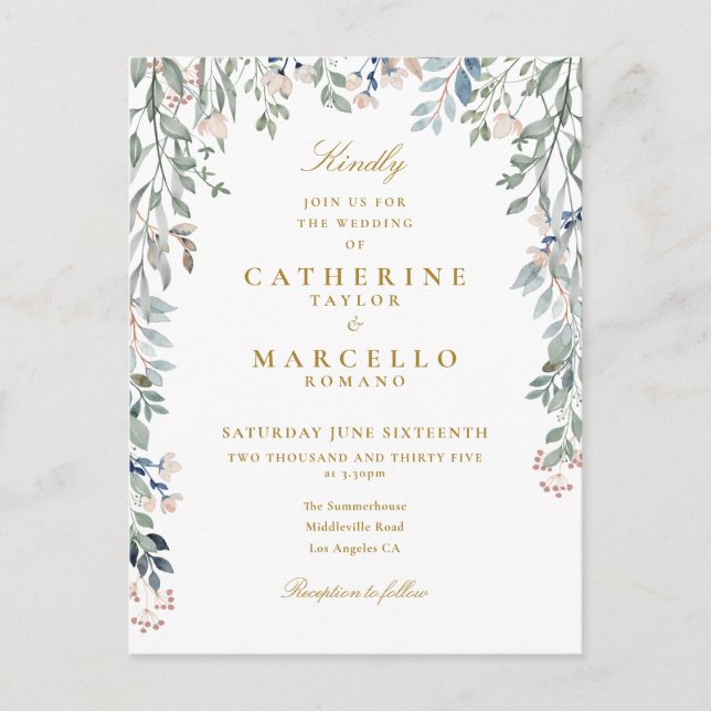 Elegant Greenery Floral Gold Typography Wedding Invitation Postcard (Front)
