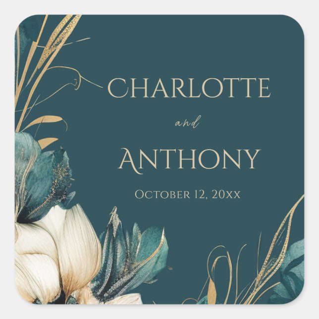 Elegant Greenery Floral Minimal Teal Gold Wedding Square Sticker (Front)