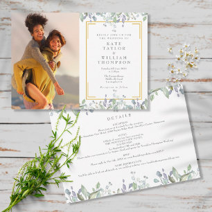 Elegant Greenery Floral Photo All In One Wedding Invitation