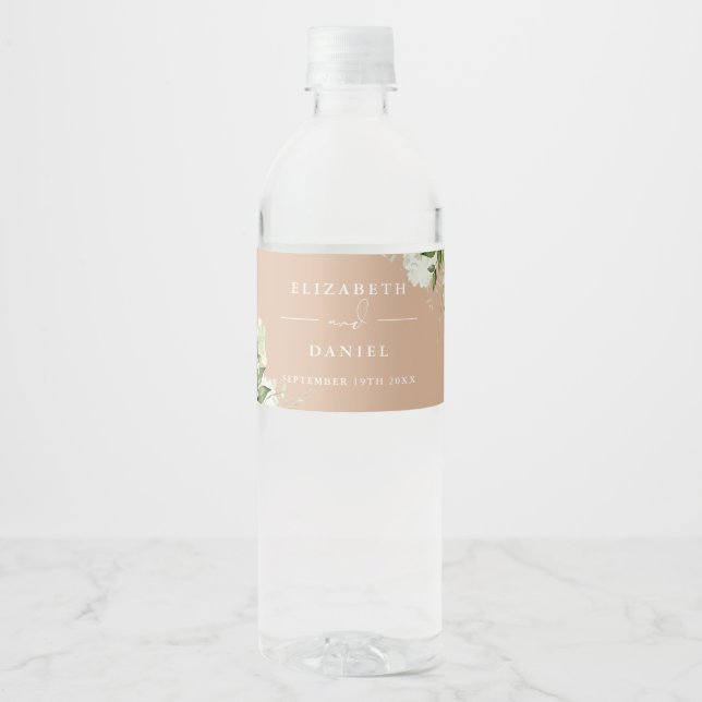 Elegant Greenery Floral Tan Wedding Water Bottle Label (Front)