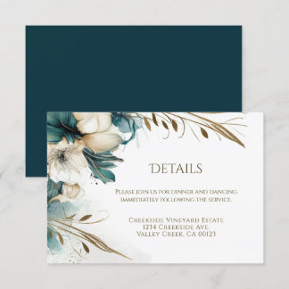 Elegant Greenery Floral Teal Gold Wedding Enclosure Card