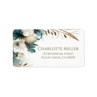 Elegant Greenery Floral Teal Gold Wedding Label