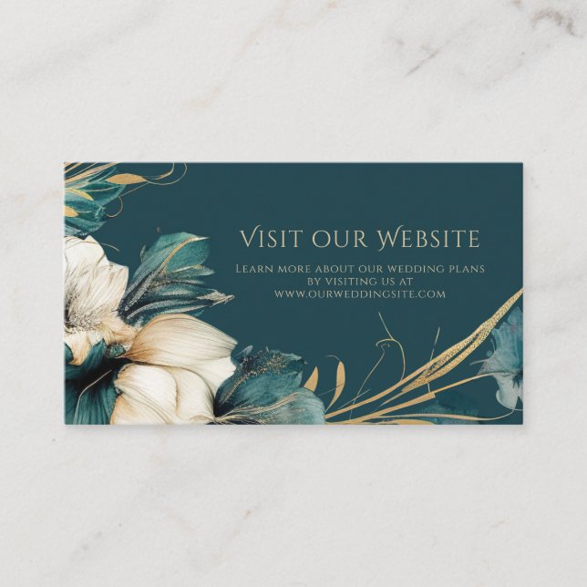 Elegant Greenery Floral Teal Gold Wedding Website Enclosure Card (Front)