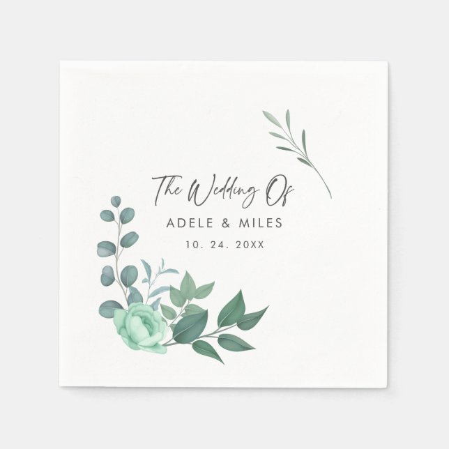 Elegant Greenery Flowers Personalized Names Weddin Napkin (Front)