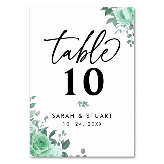Elegant Greenery Flowers Script Wedding  Table Number (Front)