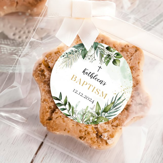 Elegant Greenery Foliage Baptism Classic Round Sticker (Creator Uploaded)