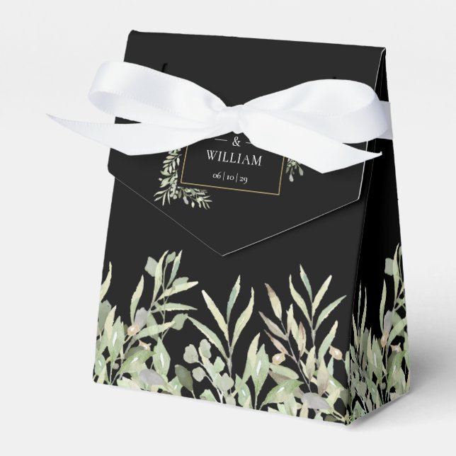 Elegant Greenery Foliage Black Gold Wedding Favor Box (Front Side)
