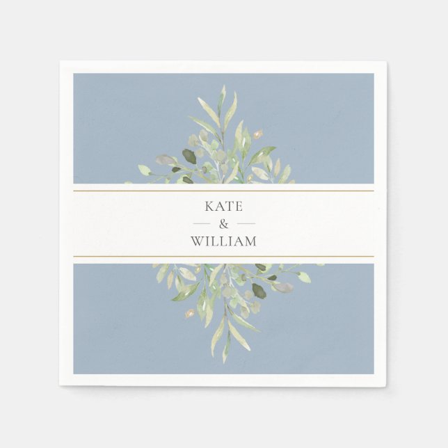 Elegant Greenery Foliage Dusty Blue Wedding Napkin (Front)